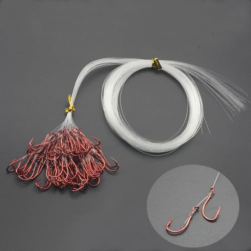 50pcs/Bag Premium Snelled Fishing Hooks Set, Red Coated Double Hook Design with Twin Uni Knot, Pre-Tied Clear Leader Line