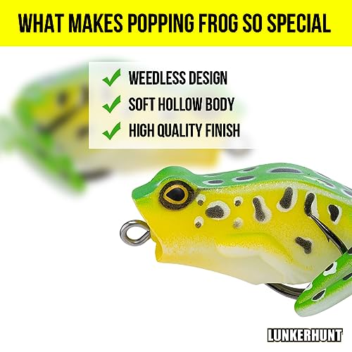 Lunkerhunt Frog Fishing Lure for Bass Fishing | Popping Frog Lure 1/4 oz | Topwater Fishing Bait with Weedless Hooks, Hollow Body, Trout Pike Lures - color: Leopard, size: 2.25 inch