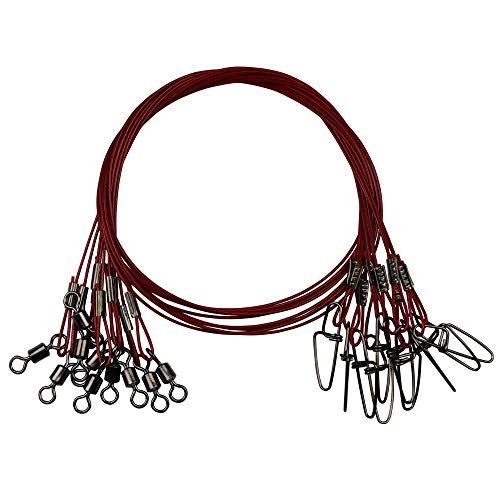 20pcs Fishing Wire Leaders Heavy Duty Fishing Stainless Steel Wire Leaders 150LB High Strength Fishing Leaders with Swivels and Snaps Black/Red/Green - color: Red