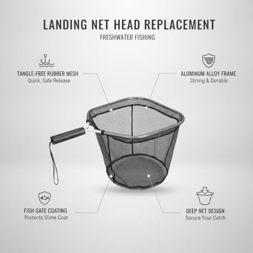 Landing Net Head Replacement with Rubber Mesh and Aluminum Alloy Frame for Freshwater Fishing (1 PC) - size: 13.78 x 11.81 x 11.42"