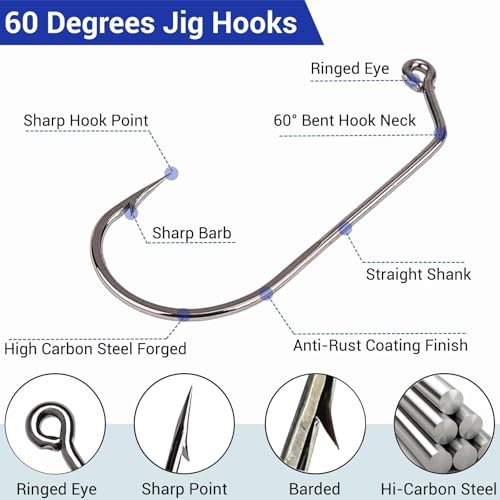 200Pcs 60 Degrees Round Bent Jig Hooks for Molds | Fly Tying Freshwater, For Bass Trout Crappie, 10 Sizes Assorted, 6# 4# 2# 1# 1/0 2/0 3/0 4/0 5/0 6/0