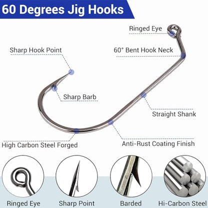 200Pcs 60 Degrees Round Bent Jig Hooks for Molds | Fly Tying Freshwater, For Bass Trout Crappie, 10 Sizes Assorted, 6# 4# 2# 1# 1/0 2/0 3/0 4/0 5/0 6/0