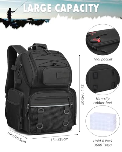 HAMBOLY Fishing Backpack with Tackle Boxes, 50L Fishing Tackle Bag with Cooler & Rod Holders, Waterproof Tackle Bag for Men - color: Black