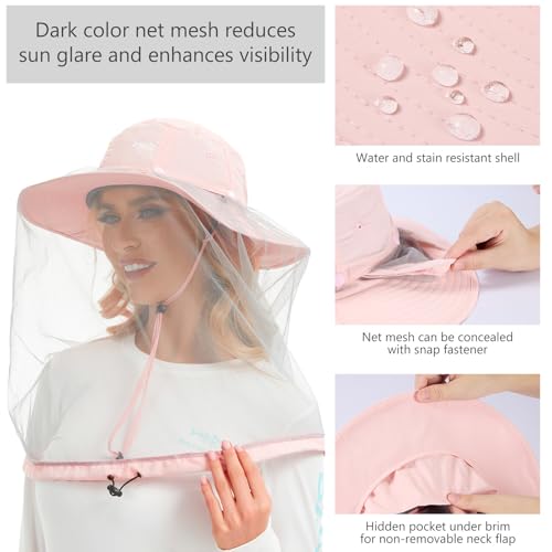BASSDASH UPF 50+ Mosquito Sun Hat with Hidden Head Net and Neck Flap for Men Women Outdoor Fishing Hiking Camping - color: Pink