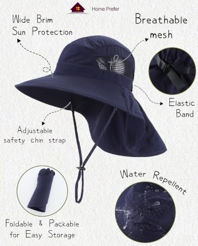 Home Prefer UPF50 Wide Brim Kids Sun Hat Neck Flap Boys Girls Sun Protection Hat for Beach Fishing - color: Navy Blue, size: 2-4T