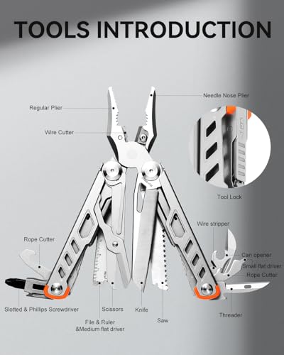 Strong 15-in-1 Multitool Pliers with Sheath, Stainless Steel, Grey | Folding Multi Tool, Needle Nose Pliers & Wire Cutters, Knife, Saw, Screwdrivers, Bottle Opener, EDC Pocket Knife - color: Gray
