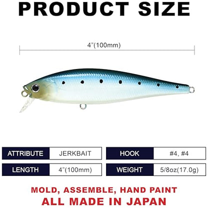 LUCKY CRAFT Pointer 100SR, Jerkbait Side by Side Action Wobbling Freshwater Lake Bass Fishing Bait - color: 728 Super Glow Sardine