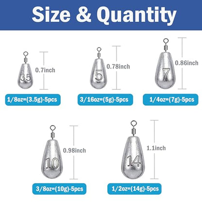 Fishing Weights Sinkers Kit Bass Casting Weights Drop Shot Weights with Swivel for Freshwater Saltwater Catfish Weights - style: 25pcs