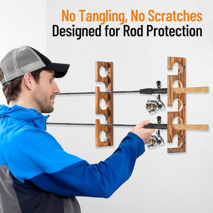 PEKER Fishing Rod Holder for Wall, Solid Wood Wall Mount Fishing Rod Rack for 5 Poles, Secure Rod Storage Organizer for Garage, Fishing Room, Home – No Tangling & Space Saving