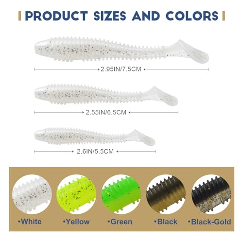 MAFIMOEA50/40/30Pcs Paddle Tail Swim Baits Lures Fishing Soft Plastic Lure Kit for Bass Trout Walleye Crappie 5.5cm 6.5cm 7.5cm - color: White, size: 6.5cm/2.55in-40pcs