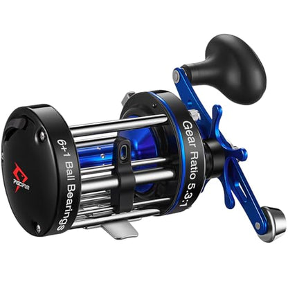 Piscifun Chaos XS Baitcasting Fishing Reel, Reinforced Metal Body Round Baitcaster Reel, Smooth Powerful Saltwater Inshore Surf Trolling Reel, Conventional Reel for Catfish, Musky, Bass, Pike - color: Blue, style: 60 Left Hand Retrieve