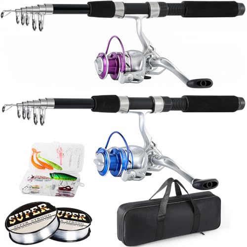 Tripquips Fishing Pole Combo, 6.9ft 2Pcs Telescopic Rods Set, Collapsible Fishing Rods, 2PCS Spinning Reel Set with Carrier Bag Freshwater Fishing Rod and Reel Combos Kits - color: Blue & Purple Fishing Combos