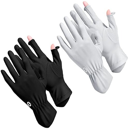 Loopeer 2 Packs Women Sun Protection Driving UV Gloves Full Finger Touchscreen Non Slip Breathable Summer Outdoor Gloves - color: Black, Grey, size: Roundel