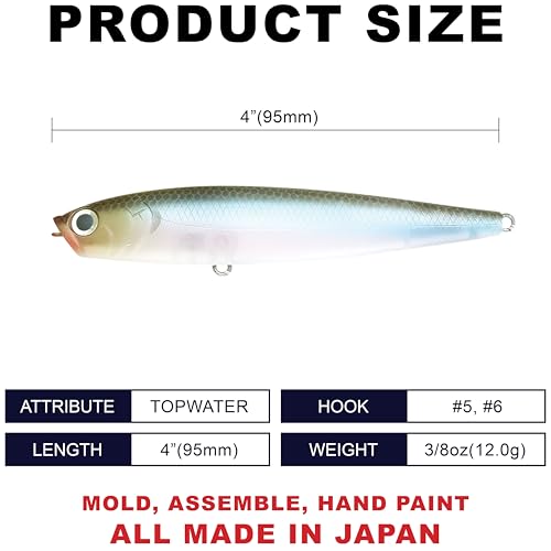 LUCKY CRAFT Gunfish 95NF Top Water Bass Fishing Lures, 4” Floating Lure with Cupped Mouth, Freshwater Trout and Bass Lures Fishing Gear, Accessories for Tackle Box - color: 538 NC Ghost Minnow