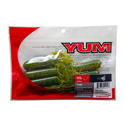 YUM Tube Soft Plastic Bass Fishing Lure - Designed Specifically for Bass, 4 Inch Length, 6 per Pack - color: Pumpkin Pepper/Green Flake