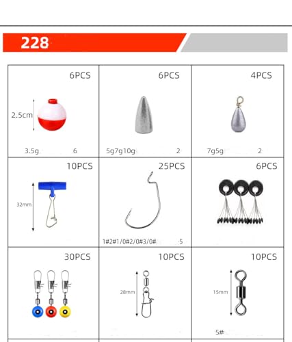 228-Piece Compartment Box Fishing Tackle Kit Contains Hooks, Sinkers, Beads, Swivels, Snaps & Assorted Terminal Rig Accessories, Nice Fishing Gift for Men