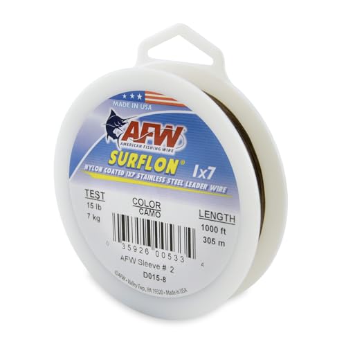 American Fishing Wire Surflon Nylon Coated 1x7 Stainless Steel Wire Leader - Wire Fishing Leader Line for Saltwater 10lb Up To 250lb Test in Bright, Black, Camo in 30ft, 100ft, 300ft, & 1000ft Lengths - color: Camo, style: 1000 Feet, 15 Pound Test