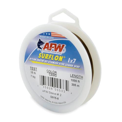 American Fishing Wire Surflon Nylon Coated 1x7 Stainless Steel Wire Leader - Wire Fishing Leader Line for Saltwater 10lb Up To 250lb Test in Bright, Black, Camo in 30ft, 100ft, 300ft, & 1000ft Lengths - color: Camo, style: 1000 Feet, 15 Pound Test
