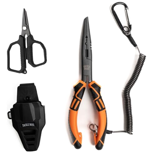 Tackle Boss Outlaw Fishing Pliers & Tool Set – 7.5" Stainless Steel Fishing Pliers, Braid Scissors, Hook Remover & Line Cutter with Holster and Lanyard, Freshwater & Saltwater Fishing Gear - color: Orange