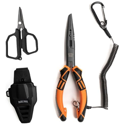 Tackle Boss Outlaw Fishing Pliers & Tool Set – 7.5" Stainless Steel Fishing Pliers, Braid Scissors, Hook Remover & Line Cutter with Holster and Lanyard, Freshwater & Saltwater Fishing Gear - color: Orange