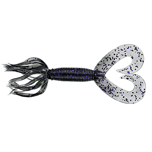 Yamamoto 5" Double Tail Hula Grub - Realistic Easy-to-Use Soft Plastic Fishing Lure Bait with Free-Flowing Skirt - 10 Pack - size: 5 inch, style: Smoke With Large Black and Purple Flake