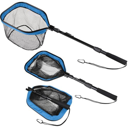 Yeahmart Floating Fishing Net Foldable Landing Net with Pole Handle, Blue | Portable Fishing Gear with Rubber Coated Mesh & Aluminum Handle for Kayak, Fly, Trout, Steelhead, Salmon, Bass Fishing - size: 39.3" Total Length (Telescopic Handle)