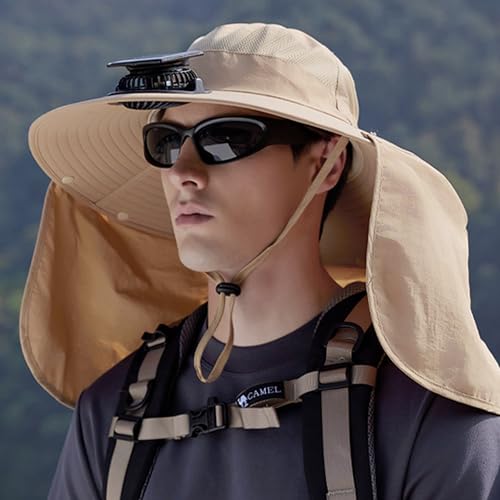 Extra Wide Brim Solar Fan Hat, Mens Fishing Hat with Fan, Neck Flap Sun Hat, UPF 50+ Solar Powered Cooling Cap Fisherman Hats - color: Khaki With Neck Flap