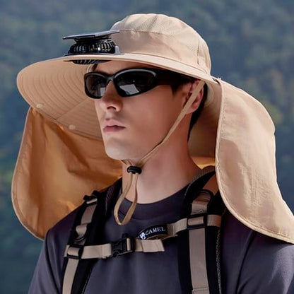 Extra Wide Brim Solar Fan Hat, Mens Fishing Hat with Fan, Neck Flap Sun Hat, UPF 50+ Solar Powered Cooling Cap Fisherman Hats - color: Khaki With Neck Flap