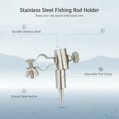 Sleek Silver Ground Spike Fishing Rod Holder, Stainless Steel Bank Fishing Stand for River and Lake Shorelines - size: 4.72 x 1.97 x 1.57"