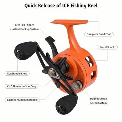 Ice Fishing Reel, 3.2:1 Gear Ratio Ultra Smooth 3+1 Ball Bearings and Magnetic Drop System, Aluminum Alloy Fishing Reel for Ice Fishing and Winter Angling - color: Orange-Right