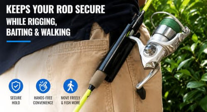 Fishing Rod Belt Holster, Hands-Free Waist-Mounted Pole Carrier for Wading, Shore, Surf and Bank Fishing
