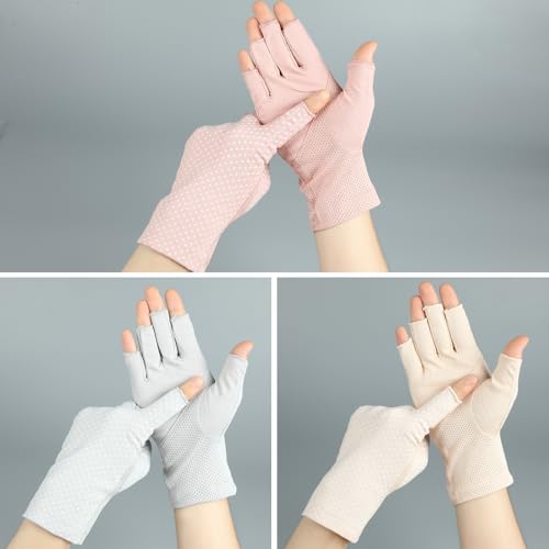 Senkary 3 Pairs Sun UV Protection Gloves Non Slip Cotton Fingerless Driving Biking Sunscreen Nail Manicure Gloves for Women - color: Khaki, Gray and Pink