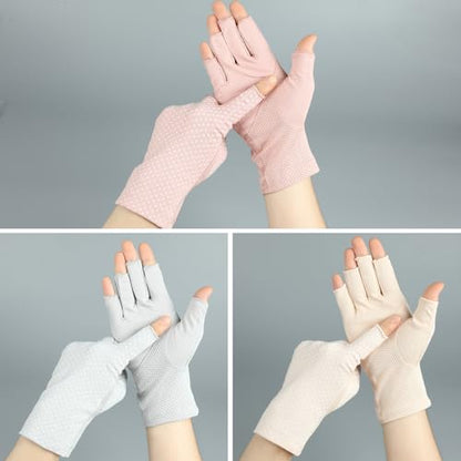 Senkary 3 Pairs Sun UV Protection Gloves Non Slip Cotton Fingerless Driving Biking Sunscreen Nail Manicure Gloves for Women - color: Khaki, Gray and Pink