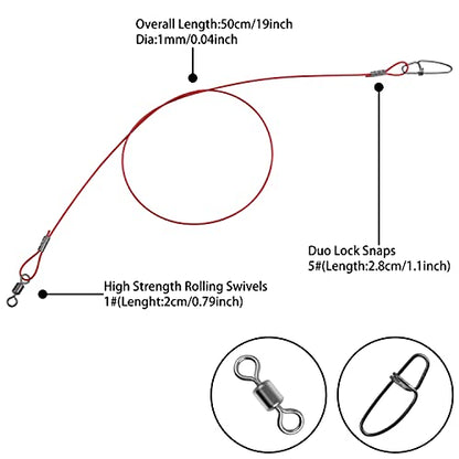 Fishing Wire Leaders Saltwater, 15pcs Heavy Duty 150LB Stainless Steel Line Leaders with Rolling Swivels and Snaps Nylon-Coated Saltwater Line Wire Leader Connect Tackle Lures Rig or Hooks 19.7inch - color: Red