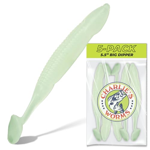 Charlie's Worms Big Dipper Scented Soft Bait for Freshwater & Saltwater Fishing, Paddle Tail Swimbait Lures, Plastic Minnows, Bass, Walleye, Trout, Snakehead, with Variety of Colors (5 Pack) - color: Glow