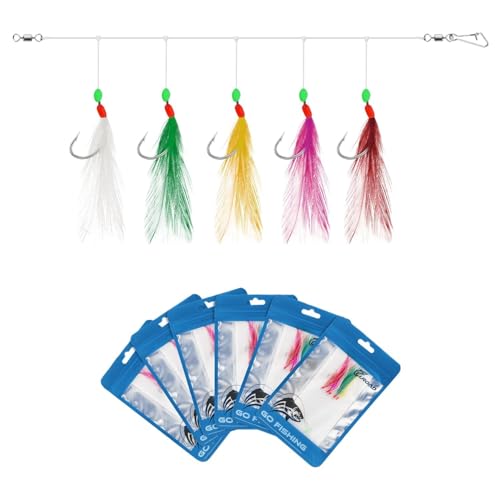 10 pcs Mackerel Feathers Rigs Saltwater, Pre-Tied Sea Fishing Bait Rigs with Luminous Colorful Feathers/Luminous Beads Bionic Flying Insects, Lure Rigs for Mackerel, Pollock, Cod, Bass - size: Hook Size 12+16+18, style: Style 2
