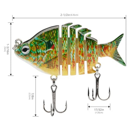 Bassdash SwimPanfish 0.34oz Hard Swimbaits Multi Jointed Topwater Trout Bass Fishing Crank Lure for Freshwater and Saltwater - color: Green/Orange Pumpkinseed