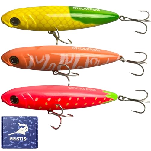 Pristis 3 pcs Topwater Fishing Plopper Lures, Floating Popper Bait Set with Chemically Sharpened Hooks for Saltwater Freshwater, Top Water Plopping Swimbait Teaser for Bass Tuna Perch Pike Crappie - color: Vibrant Harvest Stick Lures
