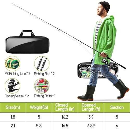 Fishing Pole and Reel Combo - 2PCS Carbon Fiber Telescopic Rods Spinning Reels Saltwater/Freshwater Kit with Lures, Line and Carrier Bag, Travel Fishing Gear for Adults - size: 6.89 FT