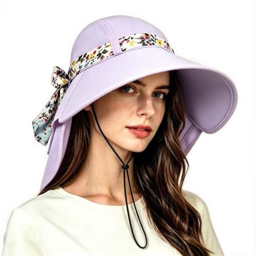 Solaris UPF 50+ Wide Brim Sun Hat for Women - Small Size Packable Lightweight, Floral Scarf Cooling Hat with Neck Flap - color: Purple-round
