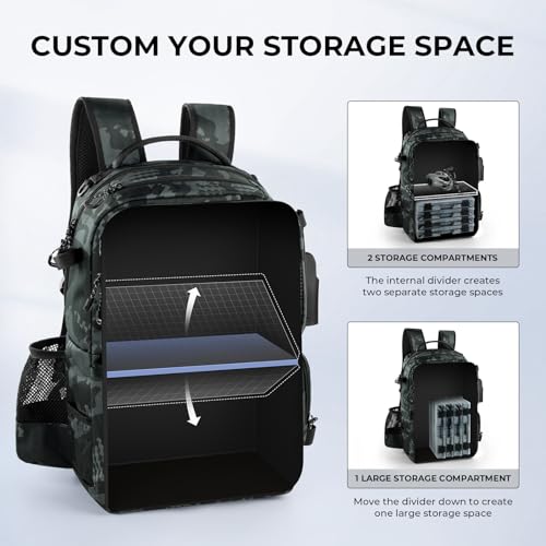 KastKing BaitSpace Fishing Tackle Backpack with Removable Bait Binder,2 Rod Holders Storage Fishing Gear and Equipment - color: F: Black Camo, size: Without tackle box