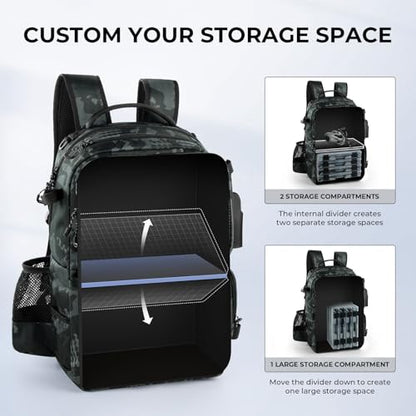 KastKing BaitSpace Fishing Tackle Backpack with Removable Bait Binder,2 Rod Holders Storage Fishing Gear and Equipment - color: F: Black Camo, size: Without tackle box