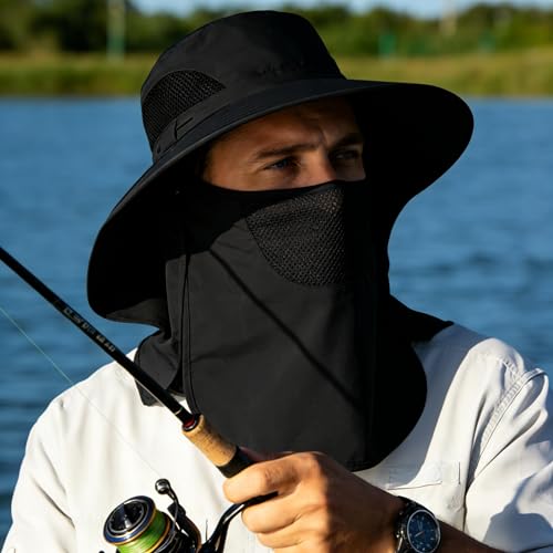 Sun Hat for Men and Women, UPF 50+ UV Protection, Wide Brim Breathable, Fish Hat with Neck Flap and Breathable Face Mask - color: Black