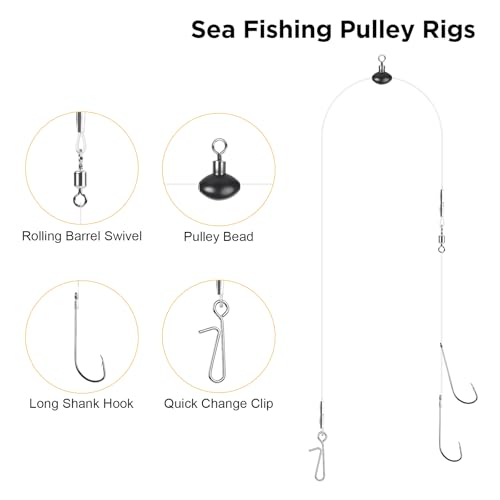 DONQL 5pcs Sea Fishing Rigs, Pre Tie Flapper Pulley Rigs Double Hooks, Deep Drop Snapper Rig for Beach Casting Shore Fishing Flounder Halibut Whiting Striped, 3 Size Available1/0, 2/0, 3/0