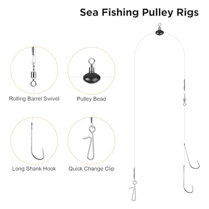 DONQL 5pcs Sea Fishing Rigs, Pre Tie Flapper Pulley Rigs Double Hooks, Deep Drop Snapper Rig for Beach Casting Shore Fishing Flounder Halibut Whiting Striped, 3 Size Available1/0, 2/0, 3/0
