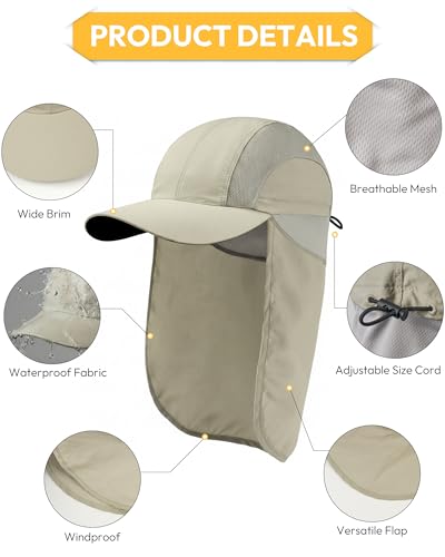 Mens Sun Hat with Breathable Mesh Sun Hats for Men Sun Protection Fishing Hat with Neck Flap for Hiking Cycling - color: Khaki