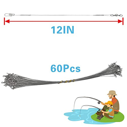 Benykyo Fishing Leader 40 lb High Strength Fishing Leaders with Swivels and Snaps，Steel Fishing Leaders Freshwater & Saltwater，Silver 60Pcs - size: 12"