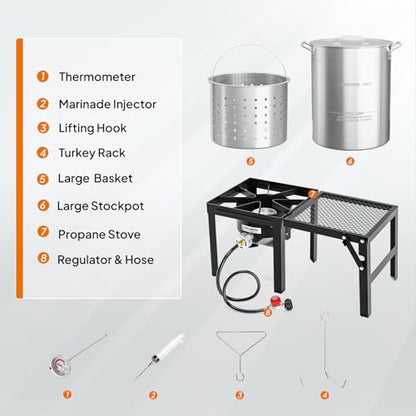 ROVSUN 30QT Turkey Fryer with 55,000BTU Propane Stove, Aluminum Deep Fryer & Seafood Crawfish Boiler Steamer with Basket, Thermometer, Marinade Injector, Turkey Rack & Rack Lifter for Outdoor Cooking - size: 30QT