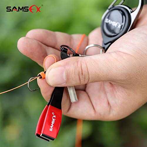 SAMSFX Fishing Knot Tying Tool, Multifunctional Fly Fshing Nippers, Quickly Tie Fishing Knots for Hooks, Lures and Flies, Fishing Clippers with Retractor - color: 2sets Black Knot Tool(red Grip) & Carabiner Zinger, style: Carabiner Retractor