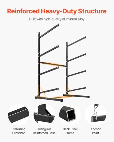 VEVOR Kayak Storage Rack, Heavy Duty Adjustable Freestanding Stand with Lockable Wheels for Indoor Outdoor Garage Shed Dock, Holder for Canoe, SUP, Surfboard & Paddleboard - style: Stand-4 Kayaks-black